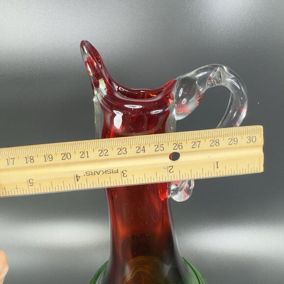 Heavy Hand Blown Glass Pitcher Vase Carafe Multicolor Applied Swirl Glass Decor - Picture 4 of 16